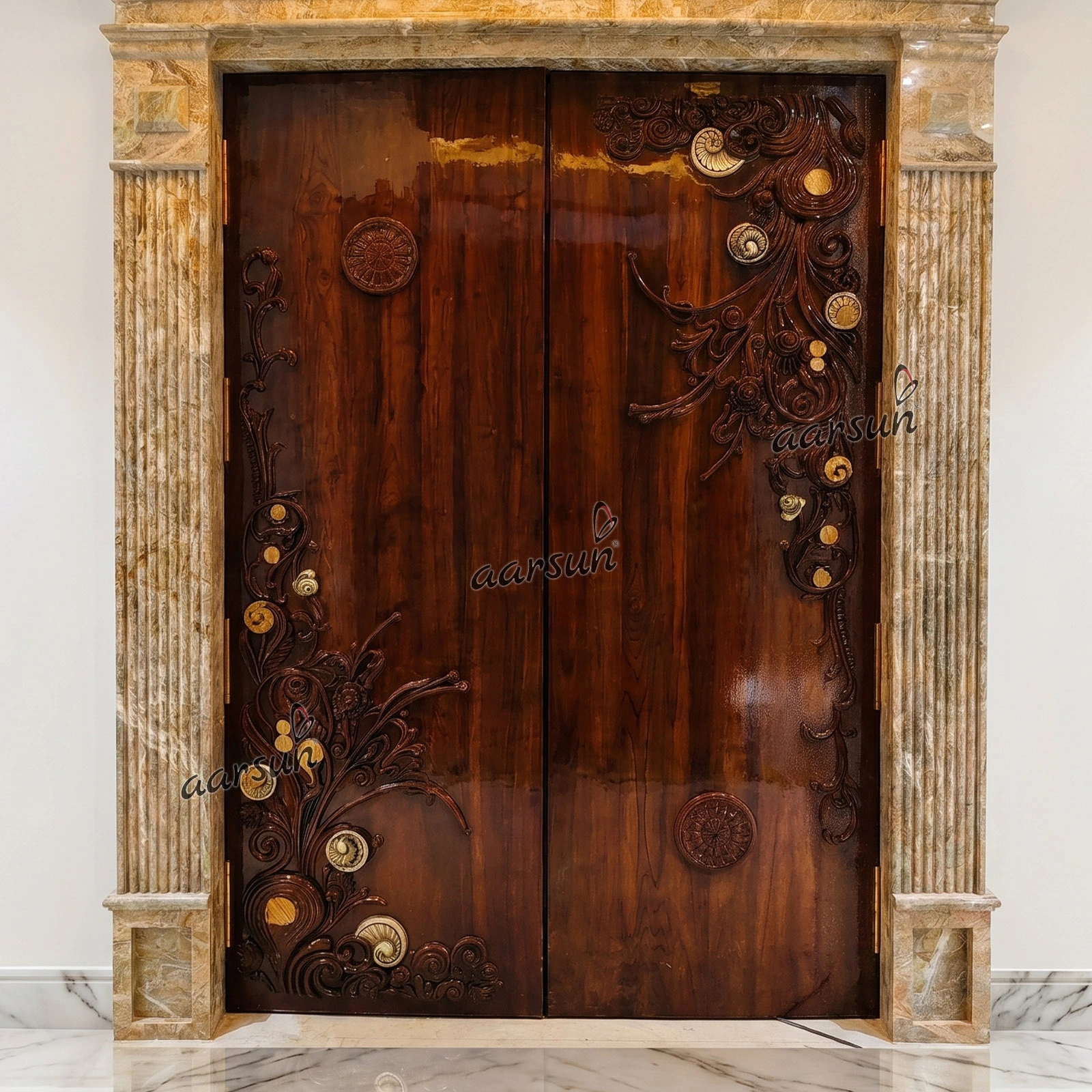 Custom Solid Wood Double Door with Amazing Hand-Curved - Image 3