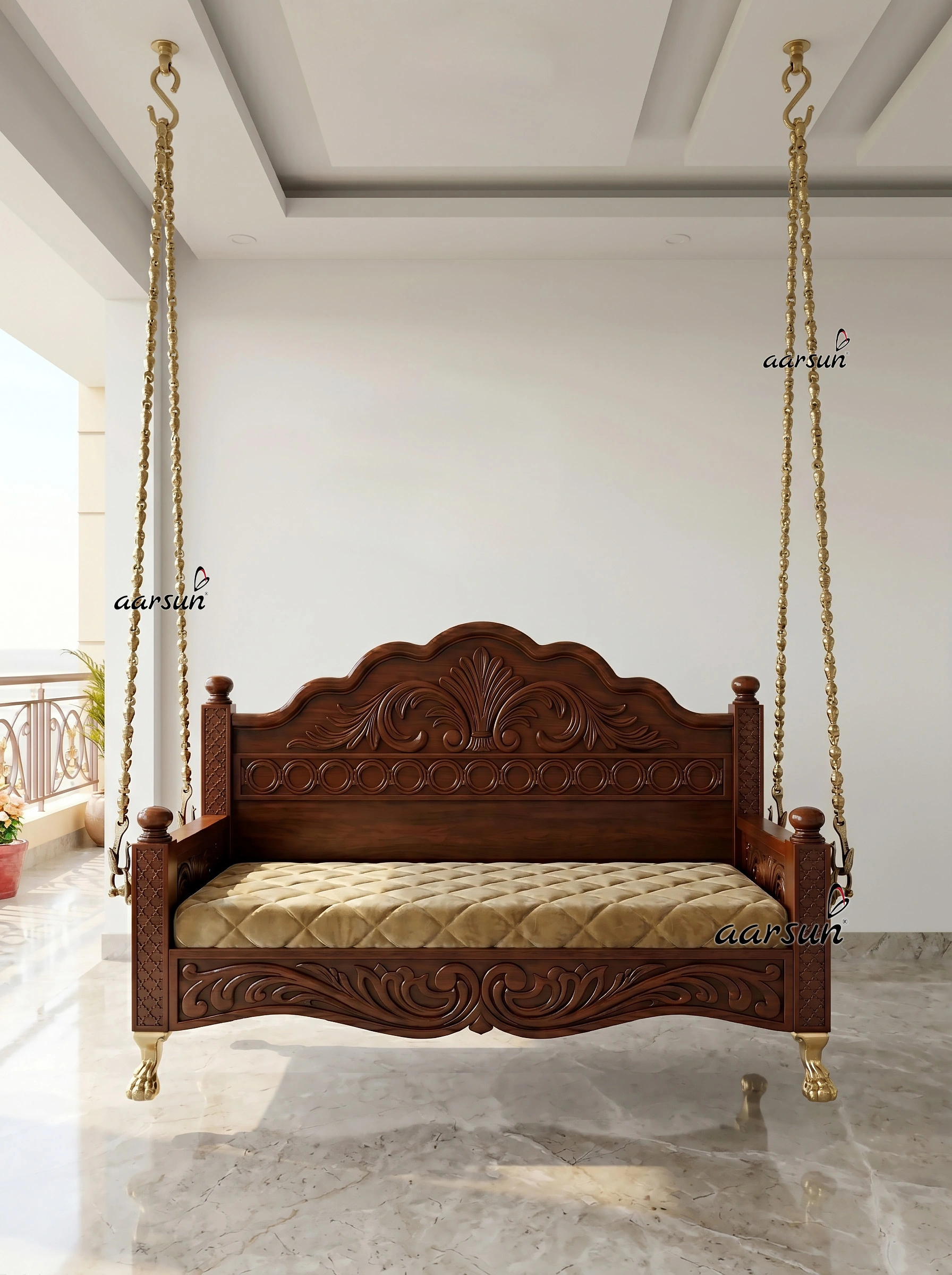 Handcrafted Teak Wood Ceiling Swing with Brass Chains