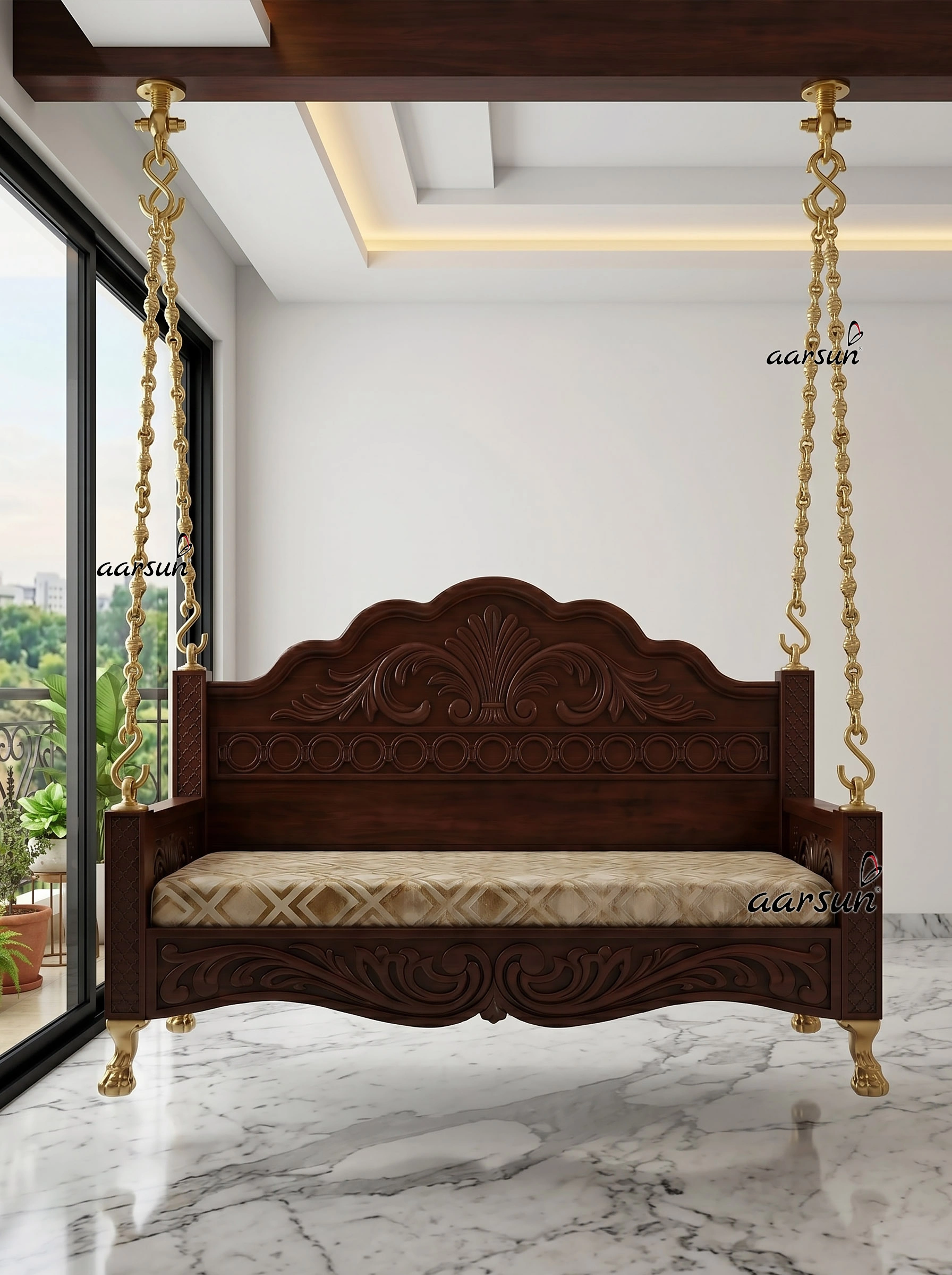 Handcrafted Teak Wood Ceiling Swing with Brass Chains