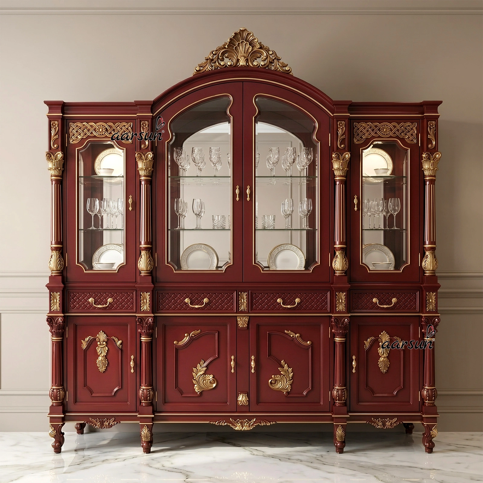 Premium Teak Wood Glass Display Hutch