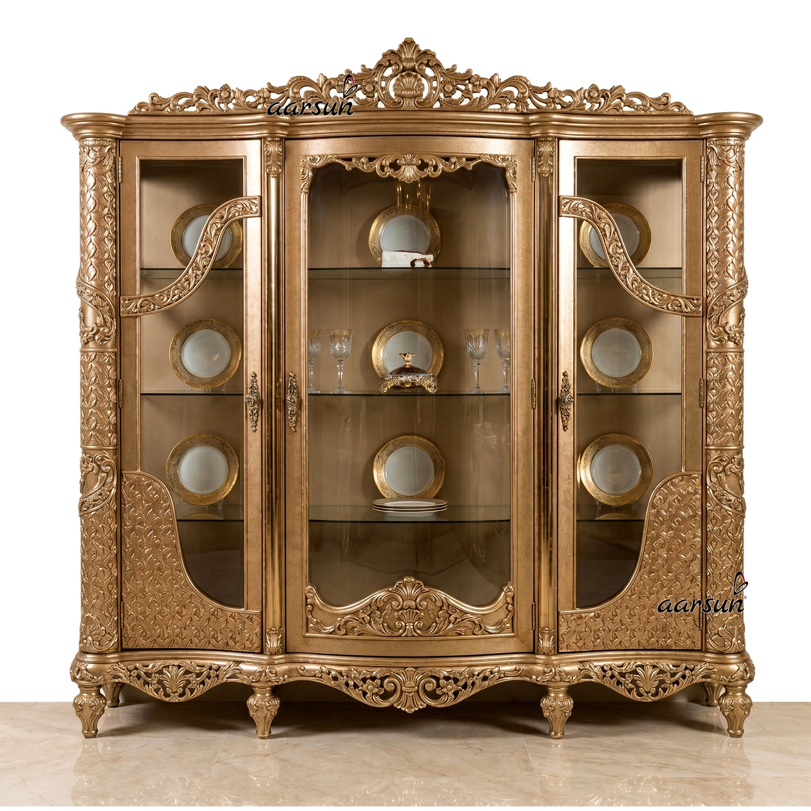 Royal Gold Teak Wood Crockery Showcase Cabinet