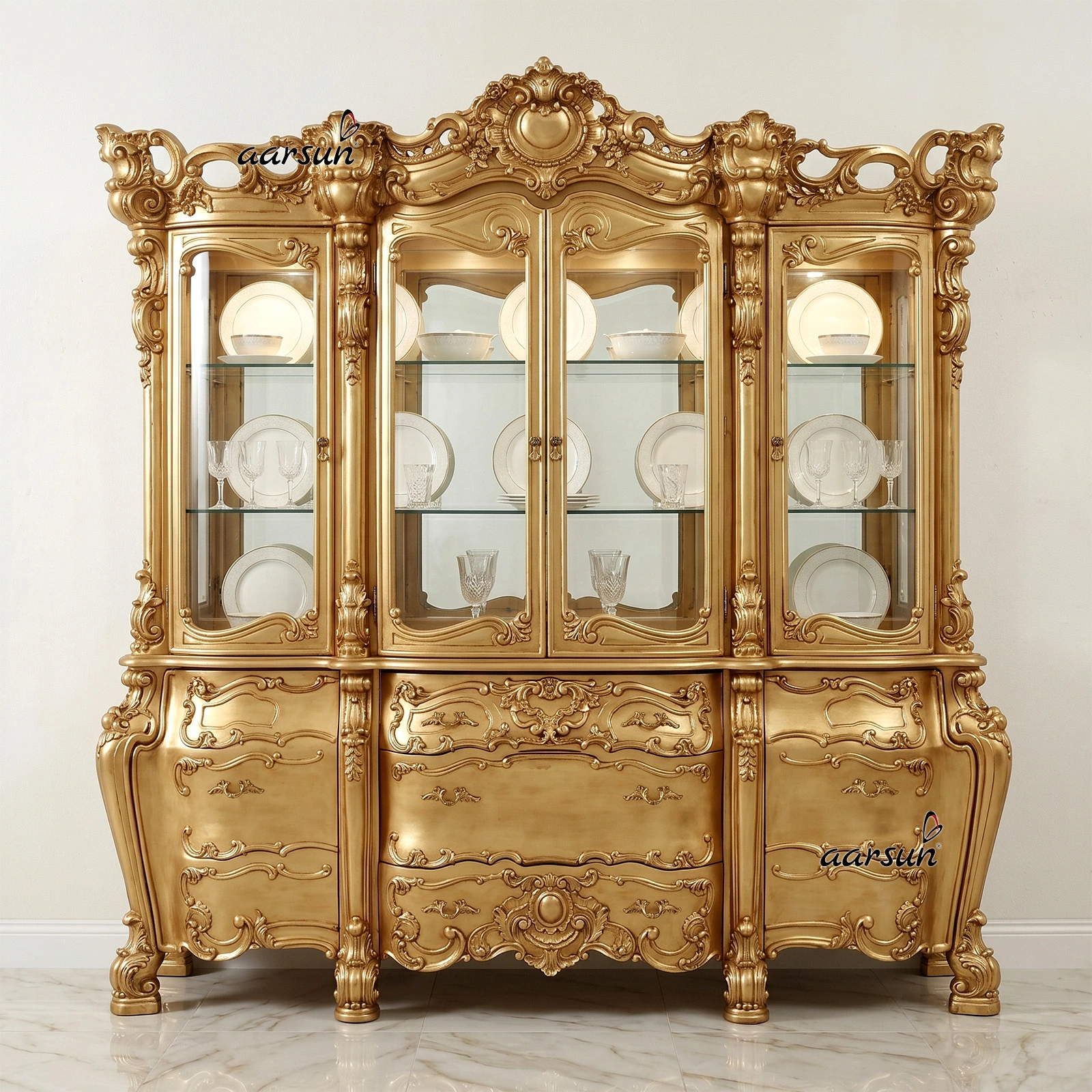 Royal Hand-Carved Teak Wood Display Cabinet