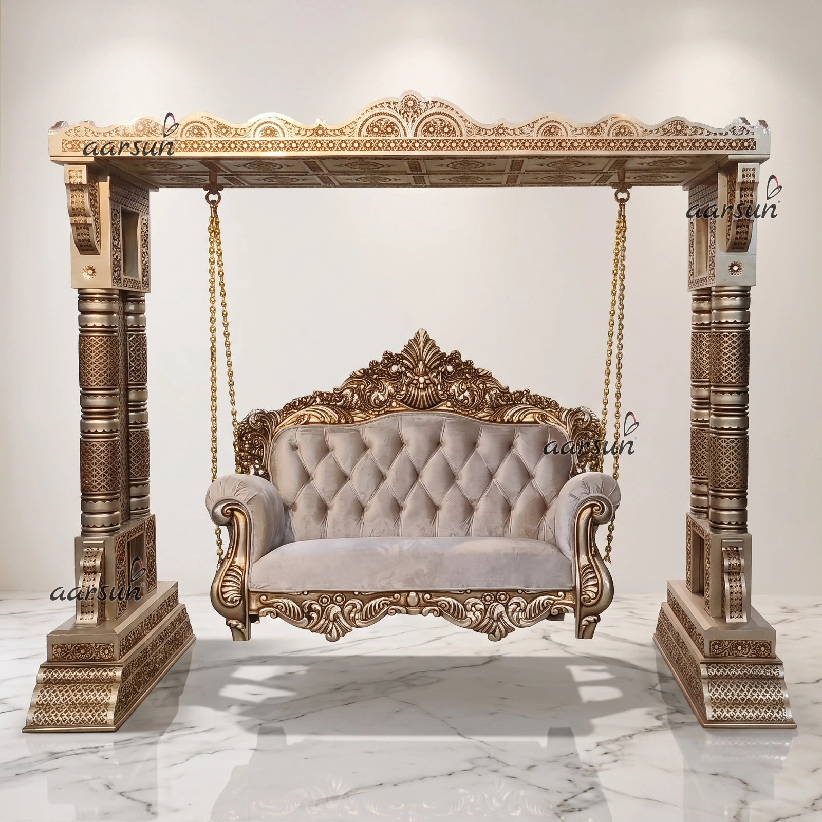Luxurious Hnad-carved Stand Swing With Ceiling Design