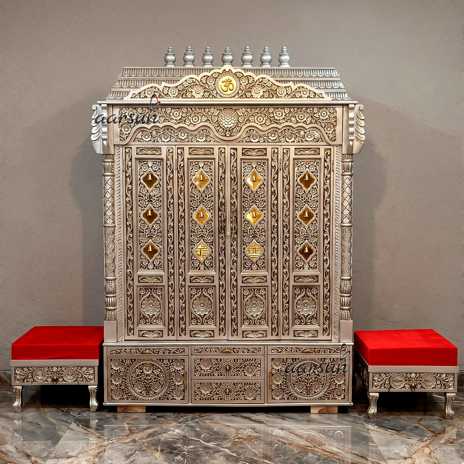 Traditional Carved Wooden Mandir With Silver Paint