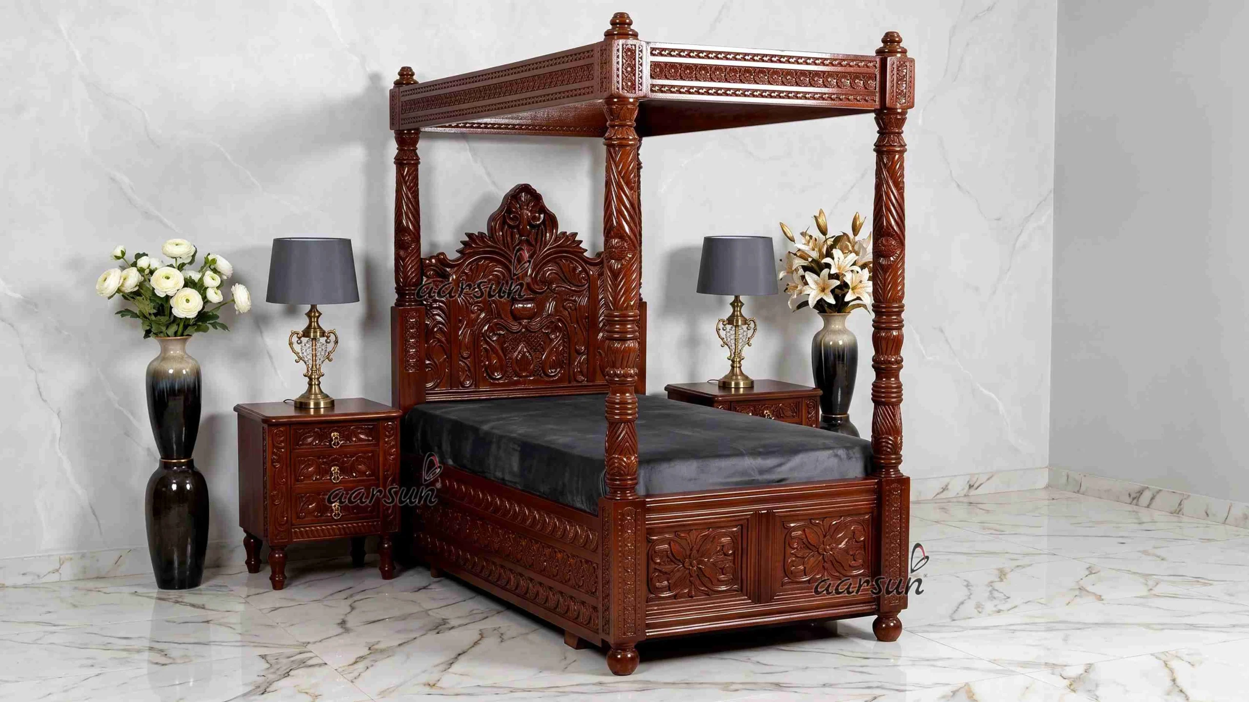 Fully Handcrafted Teak Wood Poster Bed