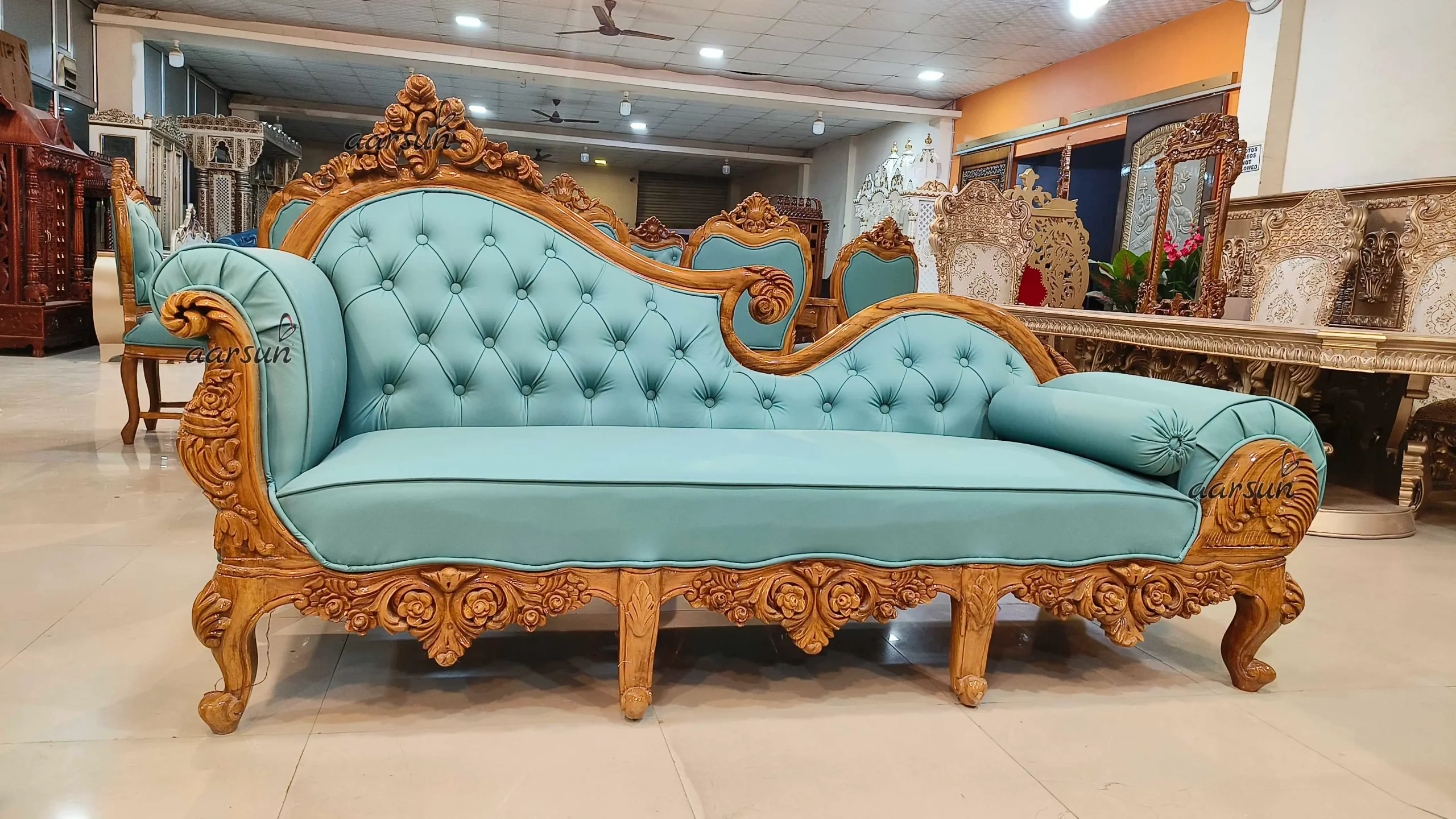 Elegant Carved Teak Wood Sofa Set - Image 6