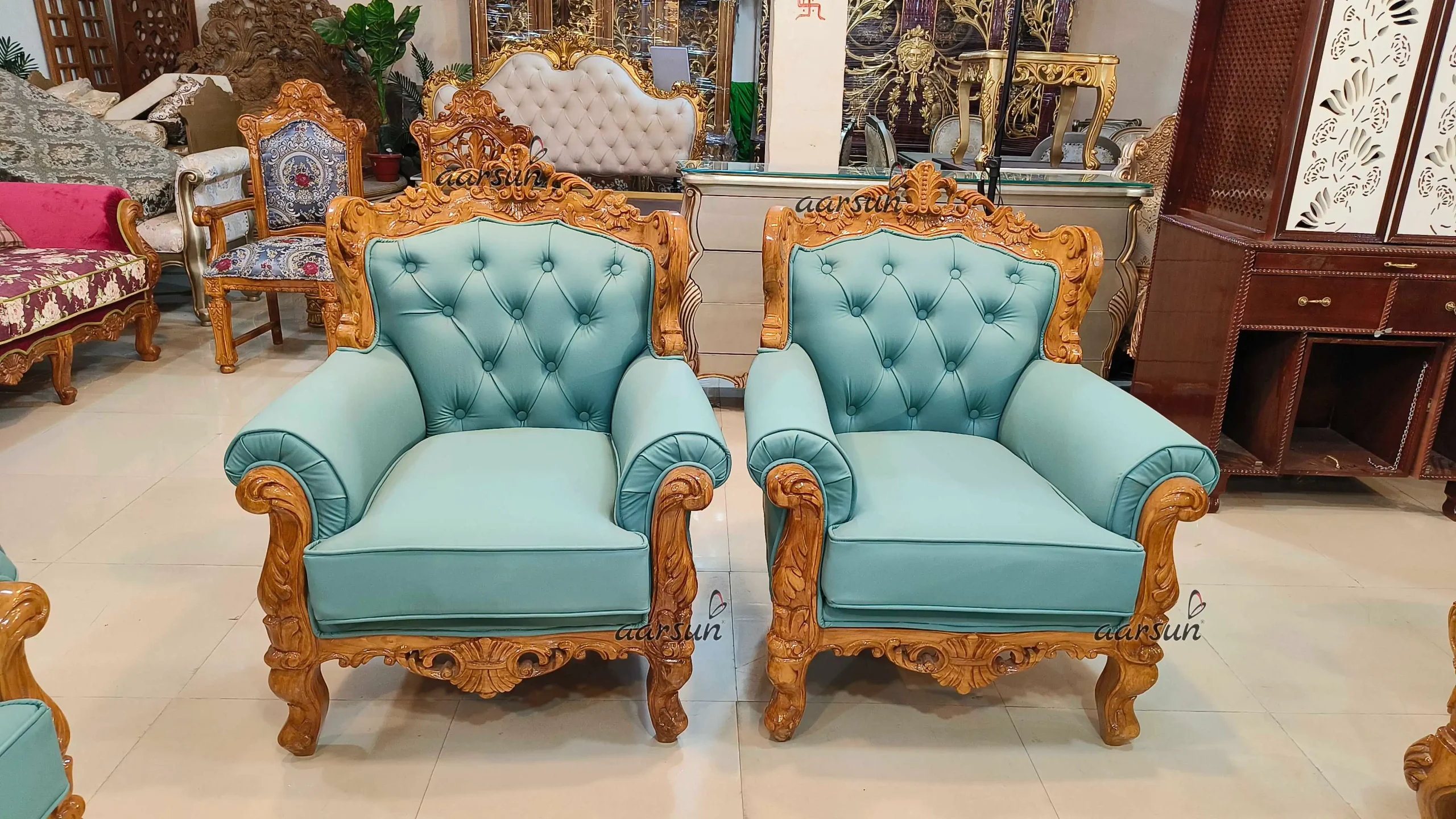 Elegant Carved Teak Wood Sofa Set - Image 3