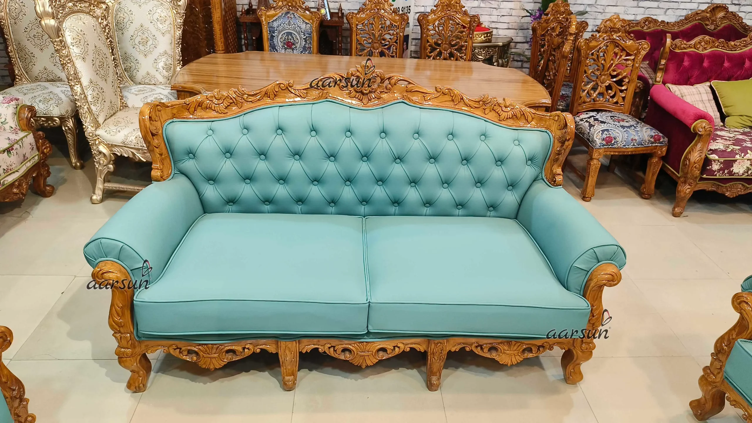 Elegant Carved Teak Wood Sofa Set - Image 4