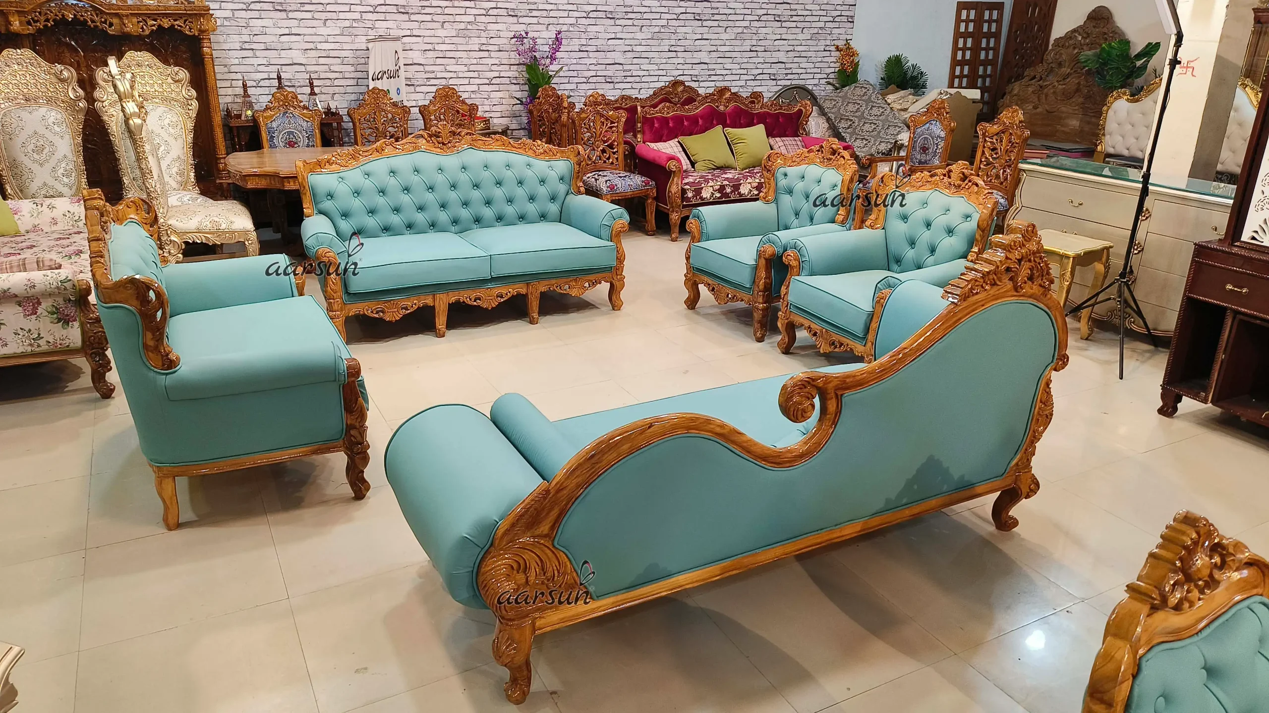 Elegant Carved Teak Wood Sofa Set - Image 5